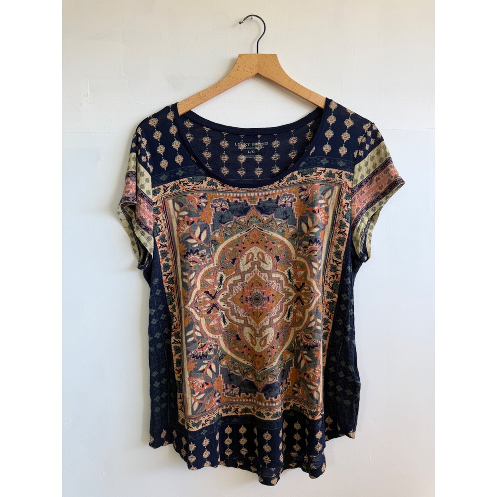 Lucky Brand Navy Blue Medallion Boho casual Paisley Print Viscose Knit Top Large